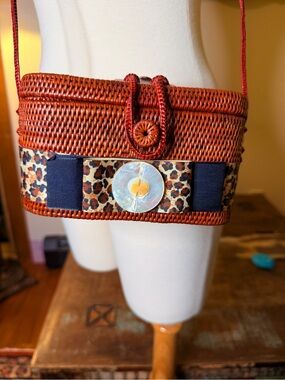 Artisan Rattan Crossbody Bag with Leopard Ribbon and Mother-of-Pearl Button
